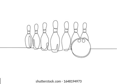 Single continuous line drawing bowling pins lined up at bowling lane. Doing sport hobby at leisure time concept. Trendy one line draw design vector illustration graphic