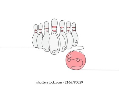 Single continuous line drawing of bowling pins lined up at bowling lane. Doing sport hobby at leisure time concept. Trendy one line draw design graphic vector illustration