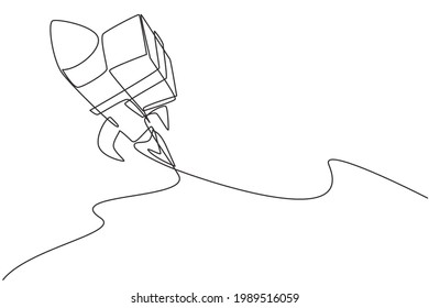 Single continuous line drawing box package flies in the sky using rocket. E-commerce. Online delivery service. Fast delivery parcel concept. Dynamic one line draw graphic design vector illustration