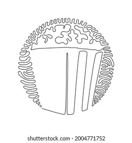 Single continuous line drawing box container with delicious popcorn. Takeaway fast food. Junk food menu. Swirl curl circle background style. Dynamic one line draw graphic design vector illustration