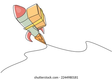 Single continuous line drawing box package flies in the sky using rocket. E-commerce. Online delivery service. Fast delivery parcel concept. Dynamic one line draw graphic design vector illustration