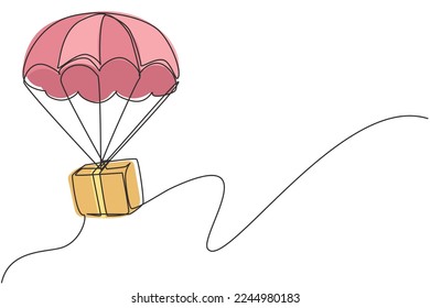 Single continuous line drawing box package flies through the sky using parachute. Online delivery service. Fast delivery parcel concept. Dynamic one line draw graphic design vector illustration