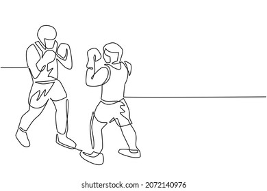 Single continuous line drawing boxers fighting on ring, opponents in shorts and gloves fight on arena with spotlights and ropes. Competition. Dangerous sport. One line draw design vector illustration