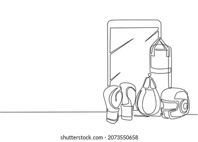 Single continuous line drawing boxing helmet and gloves with smartphone. Smartphone with boxing app. Mobile sports stream championship to play. Dynamic one line draw graphic design vector illustration