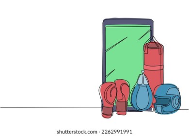 Single continuous line drawing boxing helmet and gloves with smartphone. Smartphone with boxing app. Mobile sports stream championship to play. Dynamic one line draw graphic design vector illustration
