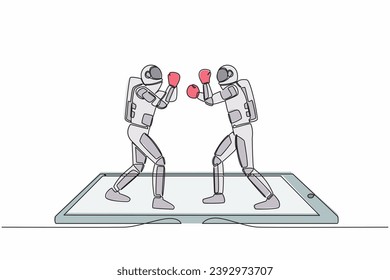 Single continuous line drawing boxing ring with two astronaut boxers on smartphone screen. Boxing fight duel during match, mobile app. Cosmonaut deep space. One line graphic design vector illustration