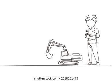 Single continuous line drawing boy playing with remote-controlled excavator toy. Kids playing with electronic toy excavator with remote control in hands. One line graphic design vector illustration