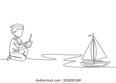 Single continuous line drawing boy playing with remote-controlled sailboat toy. Kids playing with electronic sailboat toy with remote control in hands. One line draw graphic design vector illustration