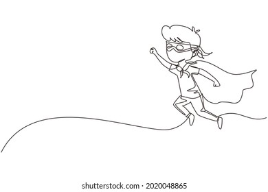 Single continuous line drawing boy flies through air in super hero pose and outstretched hand  Kid in super hero costume and mask his face   cloak tied around neck  One line draw graphic design