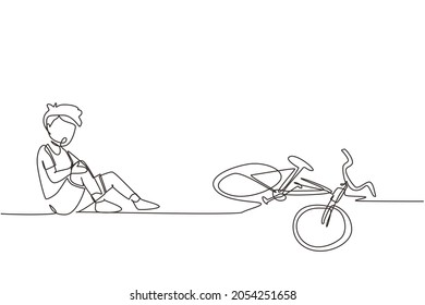 Single continuous line drawing boy fallen off bicycle. Bike accident. Kids fallen damaged bicycle broken transport children accidents helping person. Dynamic one line draw design vector illustration