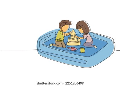 Single continuous line drawing boy and girl of preschool age are playing in sandbox. Two little kids making sandcastle in sandbox. Outdoor game park. One line draw graphic design vector illustration