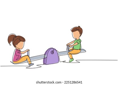 Single continuous line drawing boy and girl of preschool swinging on seesaw. Kids having fun at playground. Cute kids playing seesaw together happily. One line draw graphic design vector illustration