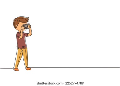 Single continuous line drawing boy taking picture with pocket camera. Photographers taking photo with digital cameras. Photography hobbies. Dynamic one line draw graphic design vector illustration