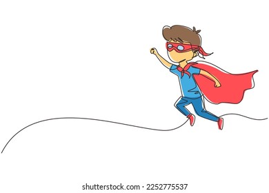 Single continuous line drawing boy flies through air in super hero pose with outstretched hand. Kid in super hero costume with mask on his face and cloak tied around neck. One line draw graphic design