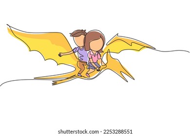 Single continuous line drawing boy and girl riding flying dinosaur together. Pterodactyl ride with kids sitting on back of dinosaur and flying high in sky. Dynamic one line draw graphic design vector