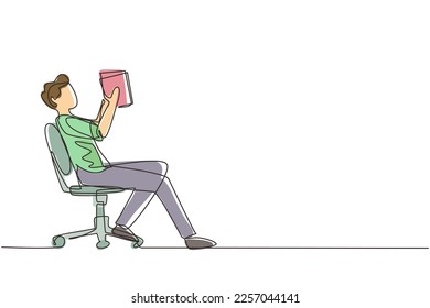 Single continuous line drawing boy reads book in chair. Side view of exiting process of learning by young male. Style of boy spending spare time by reading literature. One line draw design vector