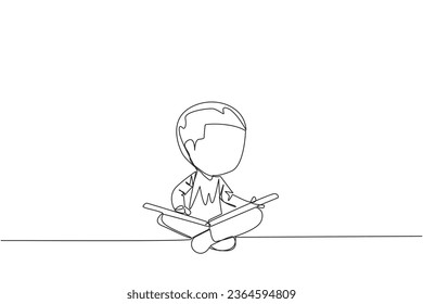Single continuous line drawing boy sit down and put reading book on feet. Interesting to read the complete geographic map. Eliminate curiosity. Book festival. One line design vector illustration
