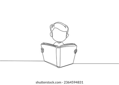 Un único dibujante de línea continua sentado leyendo un libro en un estrado. Entusiasmo que nunca desaparece. Muy feliz al leer libros de historia. Concepto del festival del libro. Ilustración vectorial de diseño de una línea