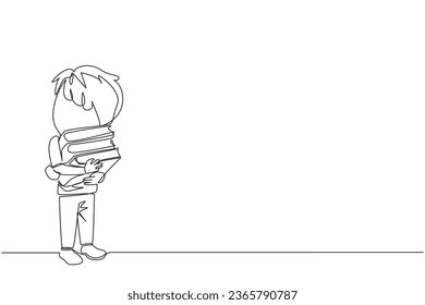 Single continuous line drawing boy standing hugging some books. Favorite book that finish reading. Some books will be donated to the national library. Charity. Knowledge. One line vector illustration