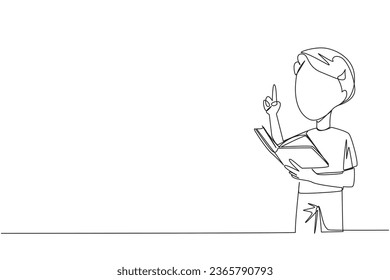 Single continuous line drawing boy standing reading a book. Gesture gets the idea. Books can see from different points of view. Brilliant idea from reading book. One line design vector illustration