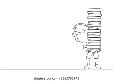 Single continuous line drawing boy carrying a tall stack of books covering himself. Newly purchased book from a bookstore. Read books one by one at home. Love read. One line design vector illustration