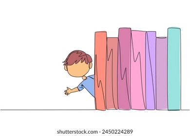 Single continuous line drawing a boy appears from behind a row of books. Invitation to read books at the library. Like to reading a book. Book festival concept. One line design vector illustration