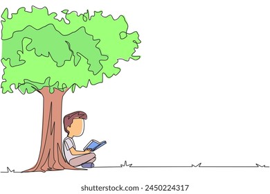 Ein durchgehender Strichzeichner sitzt und liest ein Buch unter einem schattigen Baum. Fortsetzung des zweiten Bandes des fiktiven Geschichtenbuchs. Viel Spaß beim Lesen. Bücherfestival. Einzeilige Design-Vektorillustration