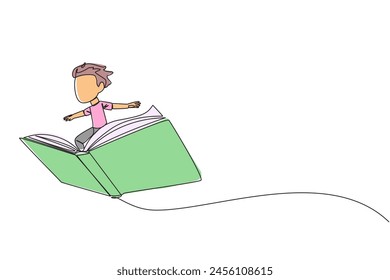 Un chico de dibujo de línea continua de pie en un Grande libro abierto volador. Como montar en una nube, capaz de volar tan alto como sea posible. Leer aumenta la comprensión. Me encanta leer. Ilustración vectorial de diseño de una línea