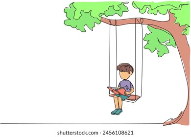 Single continuous line drawing boy sitting on a swing under a shady tree reading a book. High enthusiasm for reading. Read anywhere. Reading increases insight. One line design vector illustration