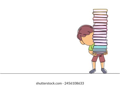 Single continuous line drawing boy carrying a tall stack of books covering himself. Newly purchased book from a bookstore. Read books one by one at home. Love read. One line design vector illustration