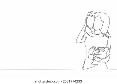 Single continuous line drawing a boy hugs his mother from behind while giving a gift box. Give the best gift to the best woman. A pleasant surprise. Mother's Day. One line design vector illustration