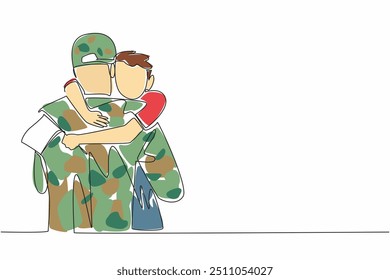 Eine einzige durchgehende Linie, die einen Jungen zeichnet, der eine Flagge hält, umarmt seinen Soldatenvater eng. Fehlt die Anwesenheit einer Vaterfigur. Feiertag. National Hug a G.I. Day. Vektorgrafik mit einzeiligem Design