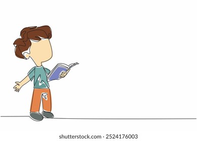 Single continuous line drawing boy standing reading a book. Interesting stories. Cultivate children's interest in reading through comic. World Read Aloud Day. One line design vector illustration