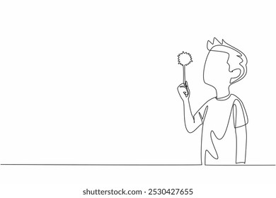 Single continuous line drawing boy holding dandelion and blowing it. Playing in the park. Wild plants that are classified as weeds or pests. National Dandelion Day. One line design vector illustration