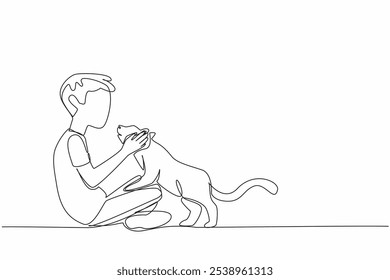 Único desenho de linha contínua menino sentado de pernas cruzadas segurando a cabeça do gato. Adorável comportamento de gato mimado. Brincadeiras para passar o tempo. Bonitinho. Dia Nacional do Animal de Estimação. Ilustração de vetor de design de uma linha