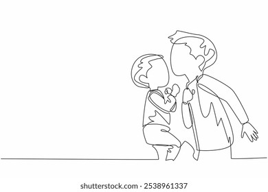 Una sola línea continua dibujando a un niño besa su frente de un hermano pequeño. Ama con todo el corazón. Comportamiento admirable y adorable. Dormido. Día Nacional de los Hermanos. Ilustración vectorial de diseño de una línea