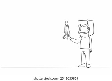 Cuerpo de dibujo de línea continua única que sostiene un cohete de cartón con un casco de cartón. Parecido al astronauta. Sueños que deben hacerse realidad. Grandes sueños. Día de la Cosmonáutica. Ilustración vectorial de diseño de una línea