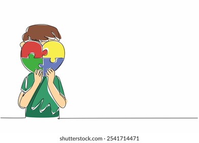 Solo línea continua dibujo chico sosteniendo un rompecabezas de 4 piezas en forma de corazón. Simbólico. Expresión no verbal. Necesita un afecto excesivo. Día Mundial de Concienciación sobre el Autismo. Ilustración vectorial de diseño de una línea