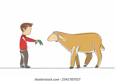 Single continuous line drawing boy is feeding grass to sheep. Grass and hair growth stimulant mixture. Faster harvest. The little farmer. National Farm Animals Day. One line design vector illustration