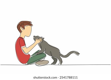 Único desenho de linha contínua menino sentado de pernas cruzadas segurando a cabeça do gato. Adorável comportamento de gato mimado. Brincadeiras para passar o tempo. Bonitinho. Dia Nacional do Animal de Estimação. Ilustração de vetor de design de uma linha