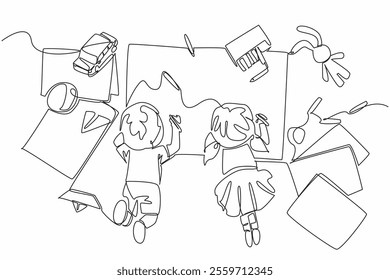 Single continuous line drawing boy and girl are lying face down and both are drawing on large paper. Activities to enhance imagination. National Kindergarten Day. One line design vector illustration