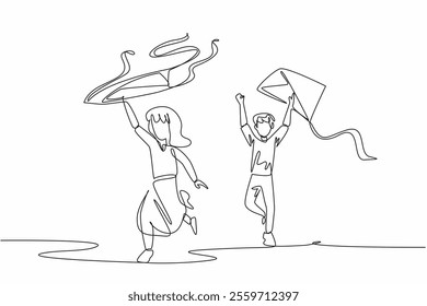 Single continuous line drawing a boy and a girl run while holding a kite. Flying a kite by running. Flying in classic style. Outdoor games. Go Fly a Kite Day. One line design vector illustration