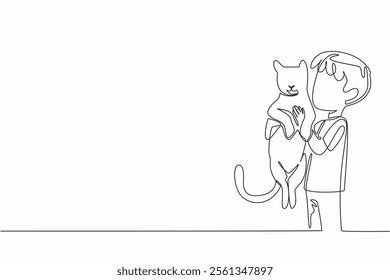 Single continuous line drawing the boy holding cat with both hands. Missing the beloved cat. Always carried everywhere. Friendship. National Kids and Pets Day. One line design vector illustration