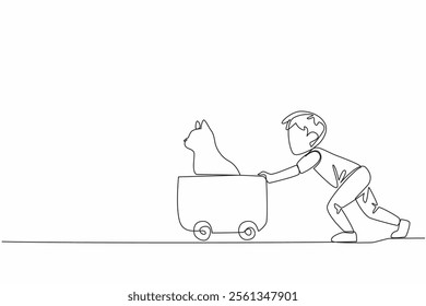 Single continuous line drawing the boy wearing shoes pushing wooden box cart containing cat. Shopping game with pets. Play all day. National Kids and Pets Day. One line design vector illustration