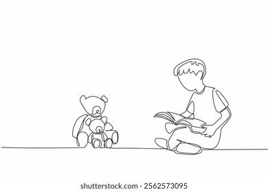 Single continuous line drawing boy sitting crossed legs reading a story book to a teddy bear. The tale of the bear and the human. Story. National Tell a Story Day. One line design vector illustration