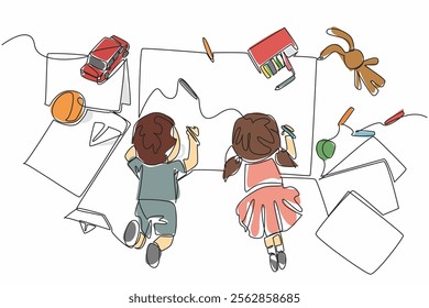 Single continuous line drawing boy and girl are lying face down and both are drawing on large paper. Activities to enhance imagination. National Kindergarten Day. One line design vector illustration