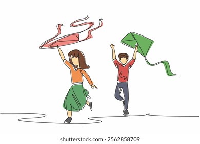 Single continuous line drawing a boy and a girl run while holding a kite. Flying a kite by running. Flying in classic style. Outdoor games. Go Fly a Kite Day. One line design vector illustration