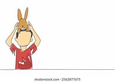 Single continuous line drawing the boy puts rabbit on his head. Inviting a cute bunny to joke. Nurtured from childhood. Like family. National Kids and Pets Day. One line design vector illustration