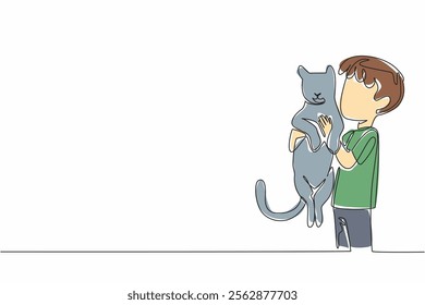 Single continuous line drawing the boy holding cat with both hands. Missing the beloved cat. Always carried everywhere. Friendship. National Kids and Pets Day. One line design vector illustration