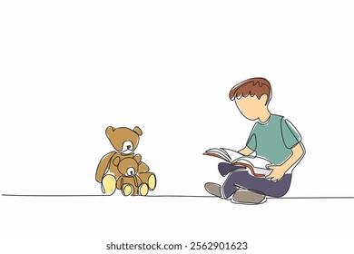 Single continuous line drawing boy sitting crossed legs reading a story book to a teddy bear. The tale of the bear and the human. Story. National Tell a Story Day. One line design vector illustration